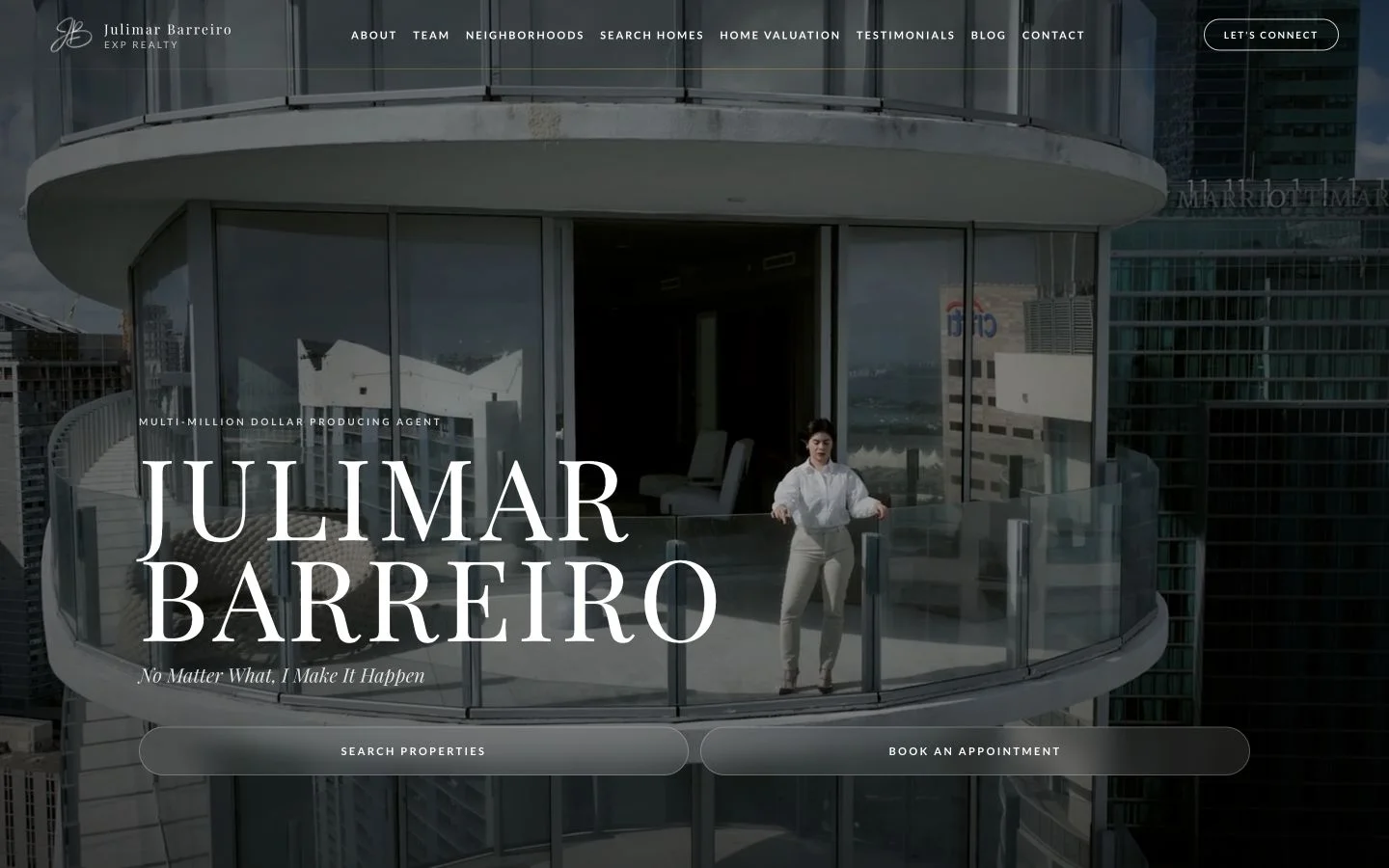 Julimar Barreiro’s real estate website with cinematic property footage, elegant typography, and property inquiry links