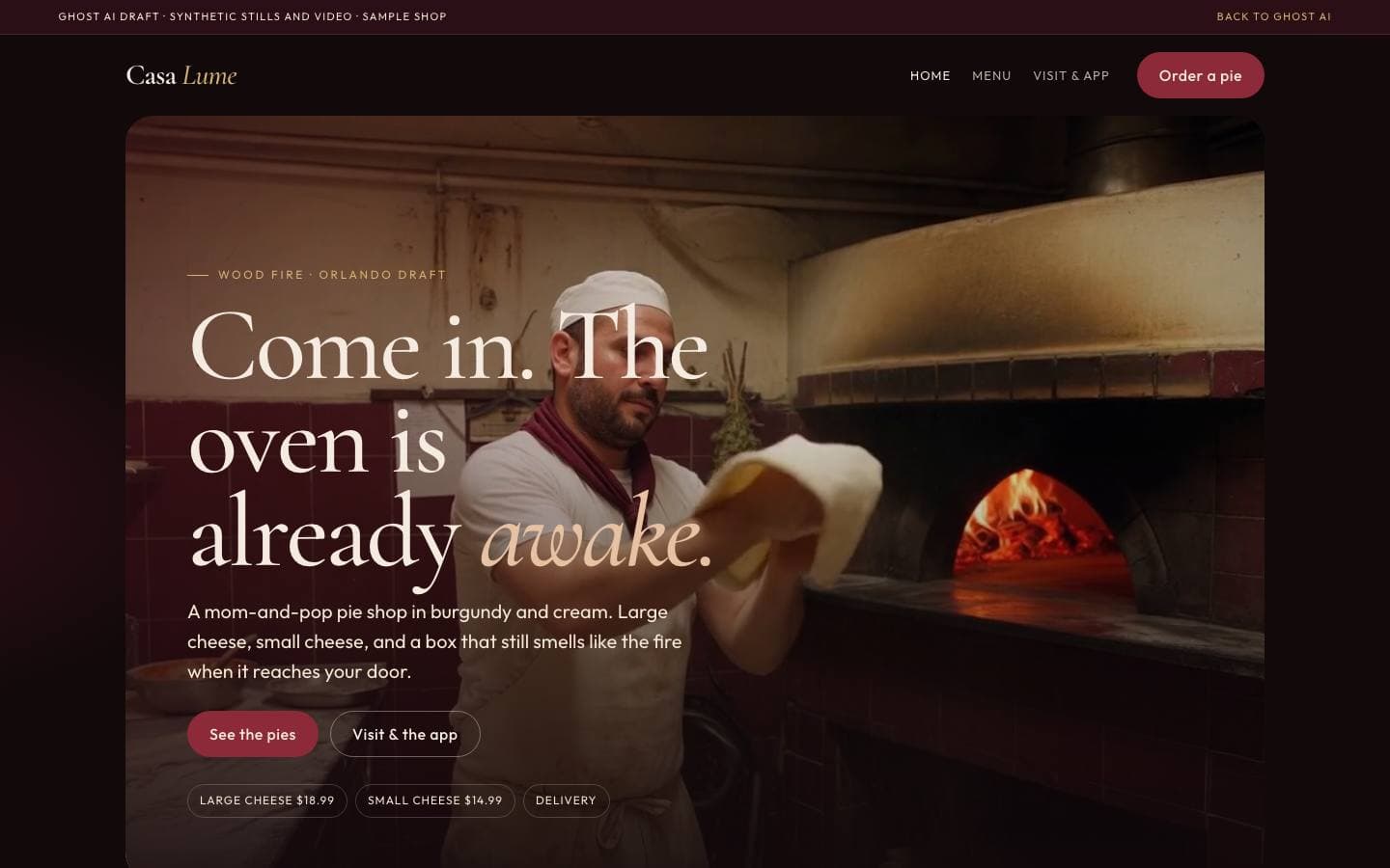 Grok's pizzeria homepage: a dark burgundy hero with a pizzaiolo tossing dough and the headline Come in. The oven is already awake.