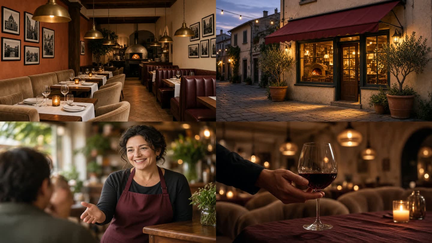 Four of Haiku's generated photos: dining room with beige couches and maroon booths, exterior at dusk, hostess, wine being served