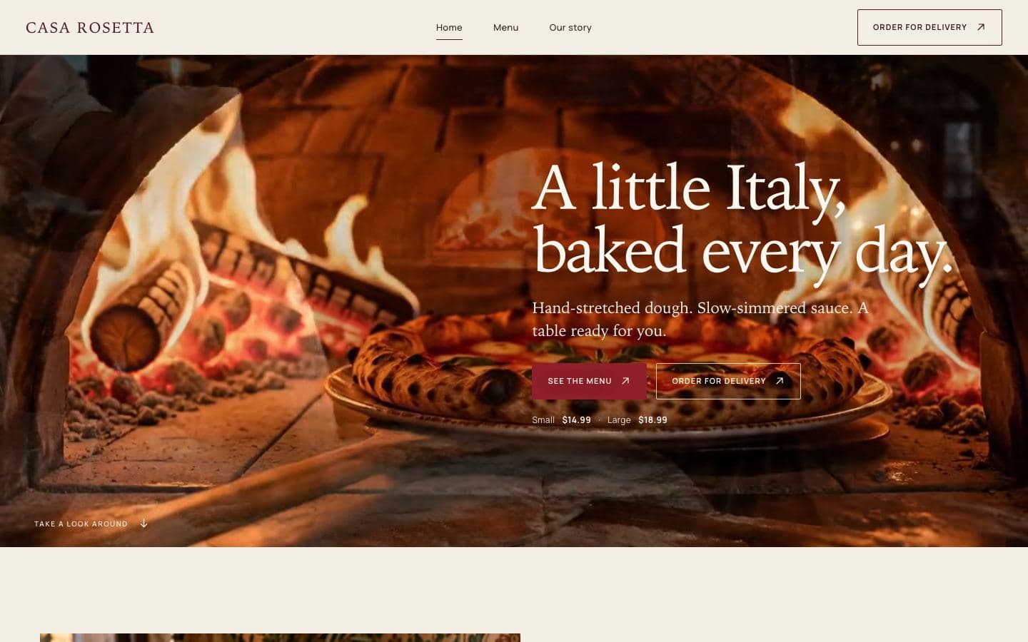 Luna's pizzeria homepage: a wood-fired oven hero with the headline A little Italy, baked every day