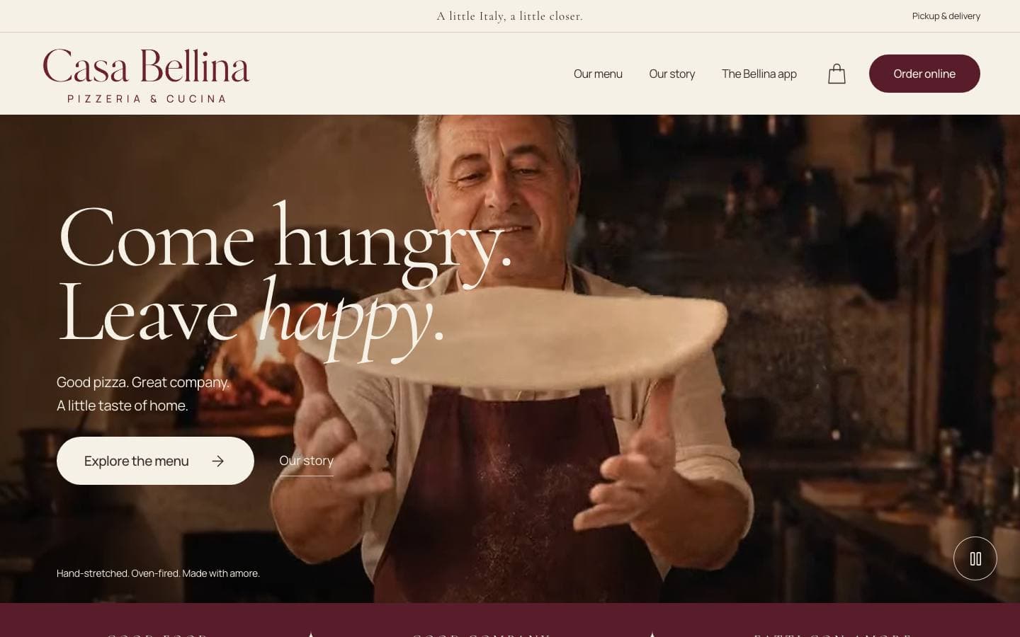 Sol's pizzeria homepage: a smiling pizzaiolo with dough and the headline Come hungry. Leave happy.