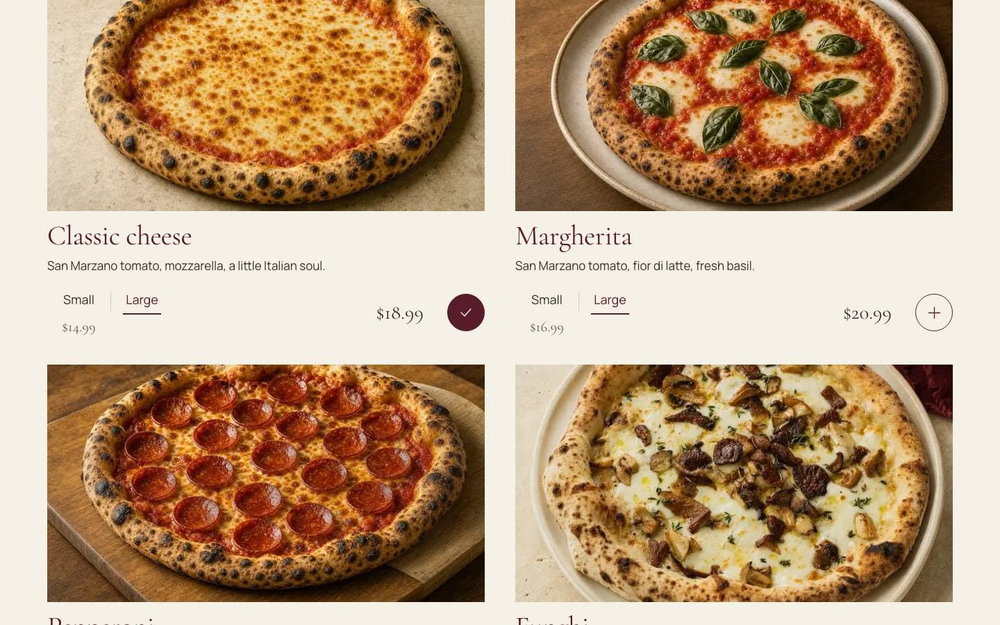 Sol's menu page with small and large sizes and an add-to-cart control