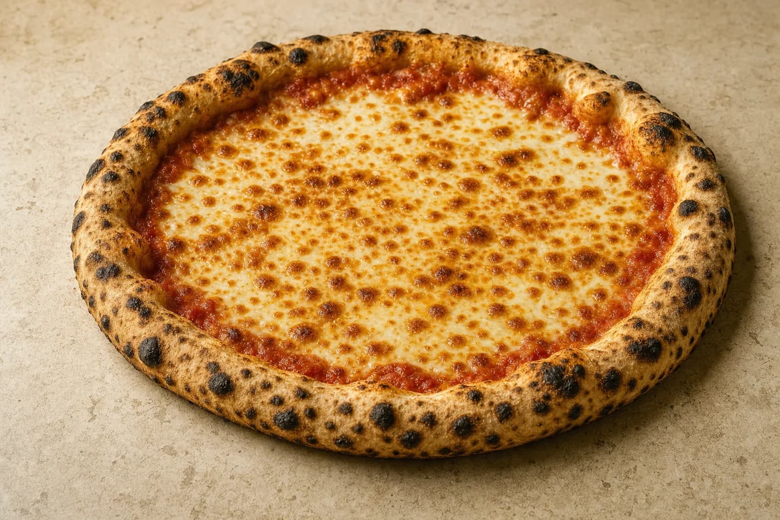 Golden, bubbling cheese pizza with a charred, hand-stretched crust.