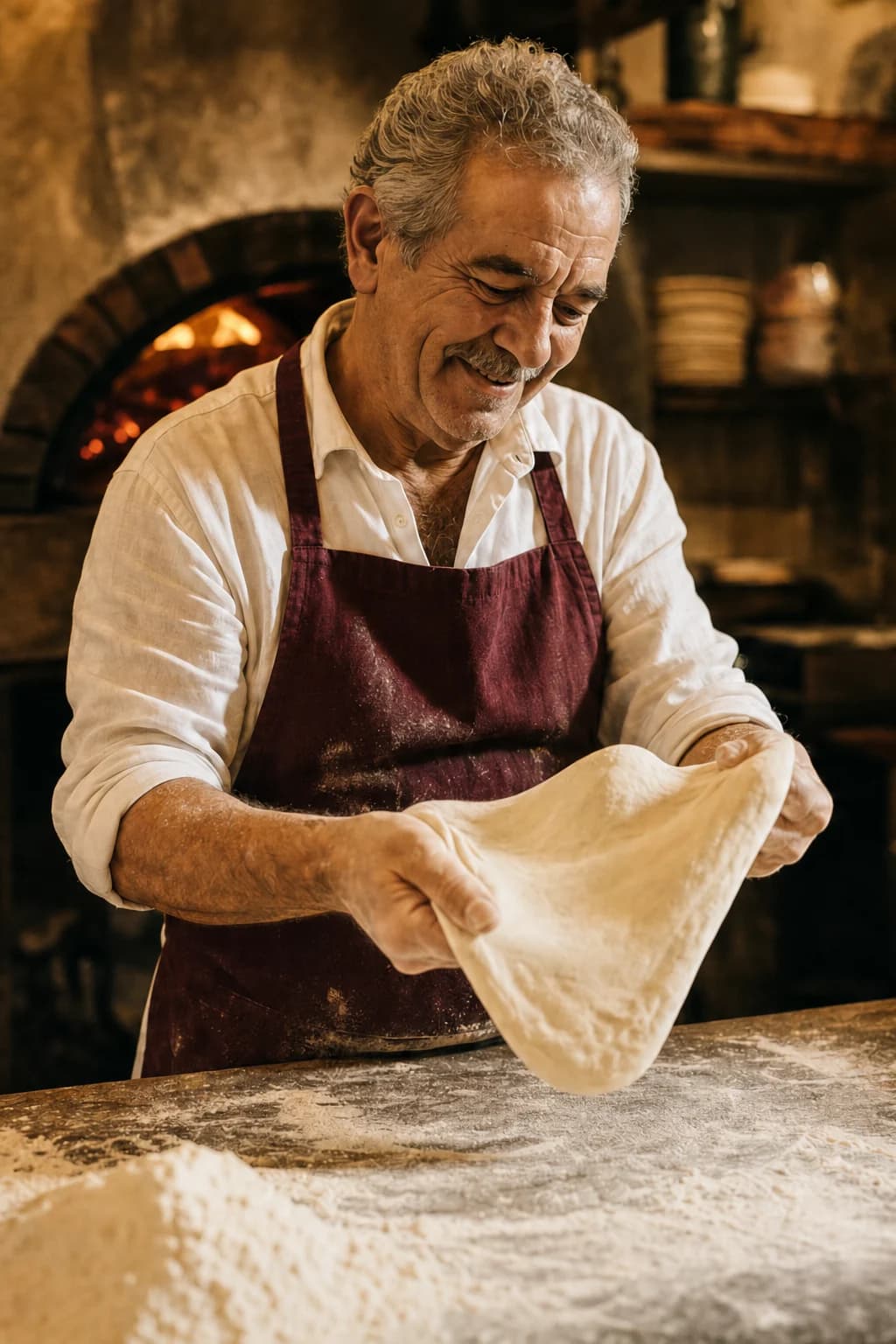 A pizza maker stretching fresh dough by hand in a warm Italian kitchen
