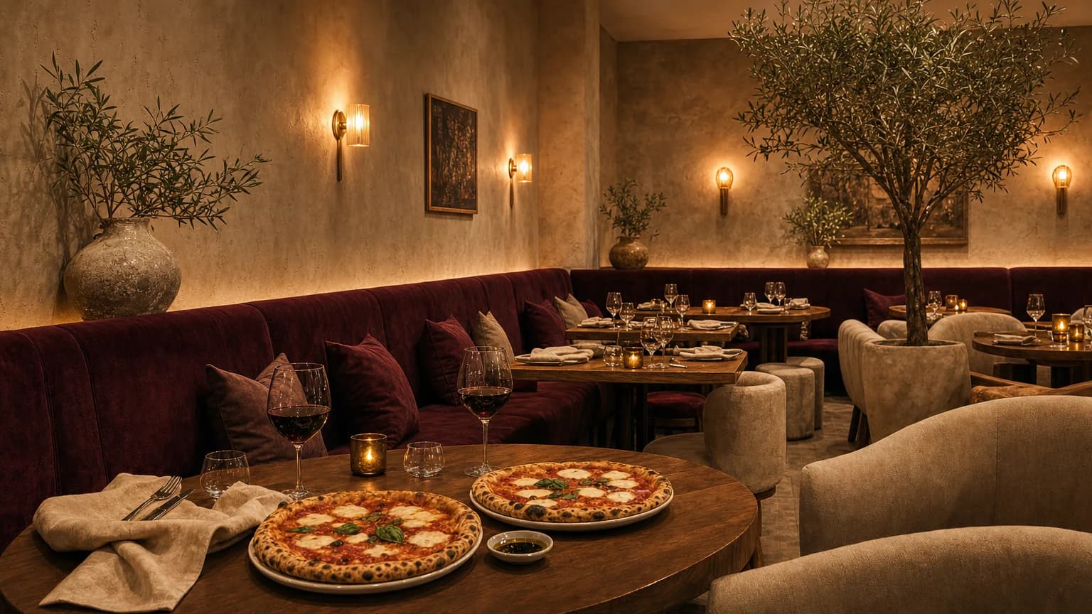 A warmly lit dining-room concept with burgundy banquettes, candlelit tables, and freshly baked pizza.