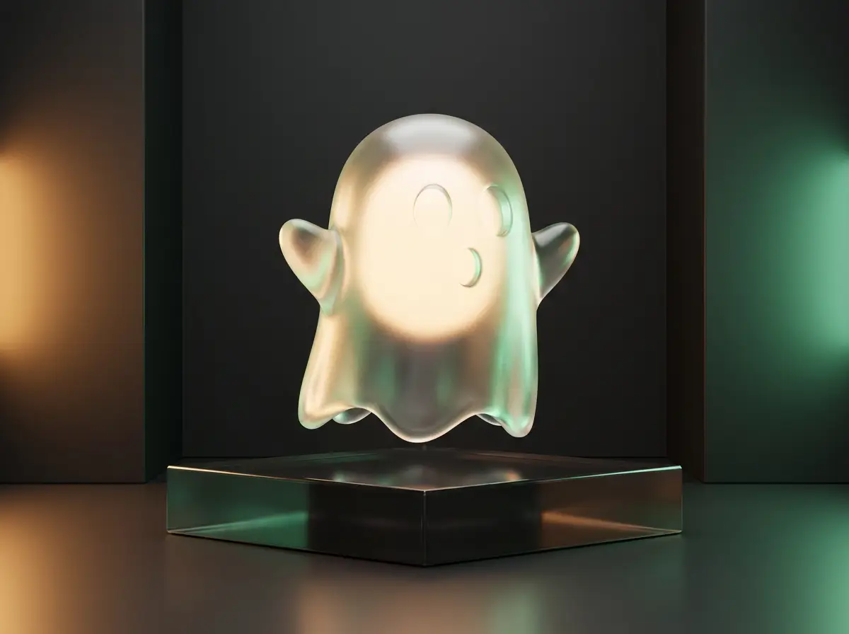 Synthetic 3D render of a translucent glass ghost mascot on a reflective pedestal