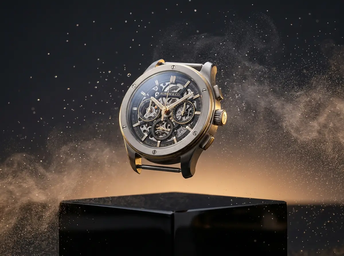 Synthetic commercial product image of a luxury watch floating above an obsidian surface