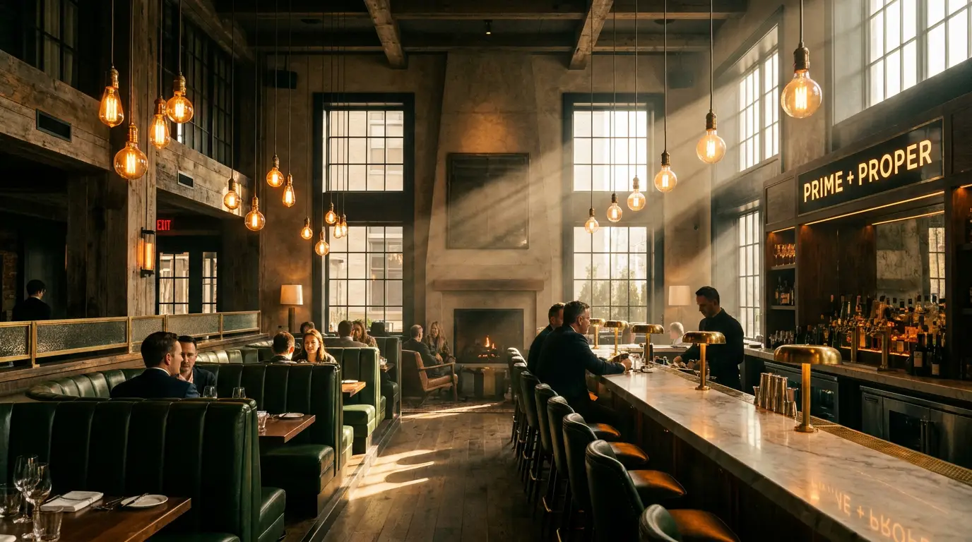 Synthetic cinematic interior of an upscale steakhouse at golden hour