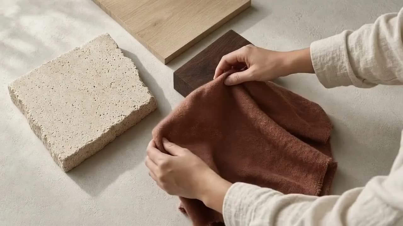 Synthetic hands arranging linen, travertine and walnut samples on a plaster worktable