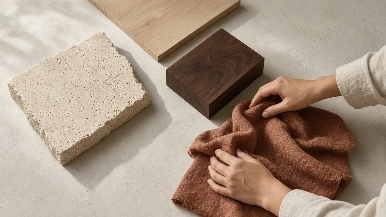 Synthetic material study of hands arranging fabric, wood and stone