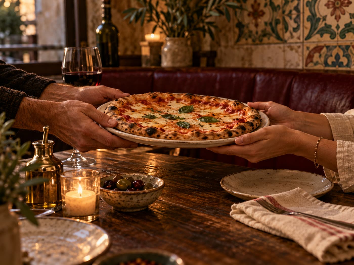A freshly baked pizza being passed across a candlelit table